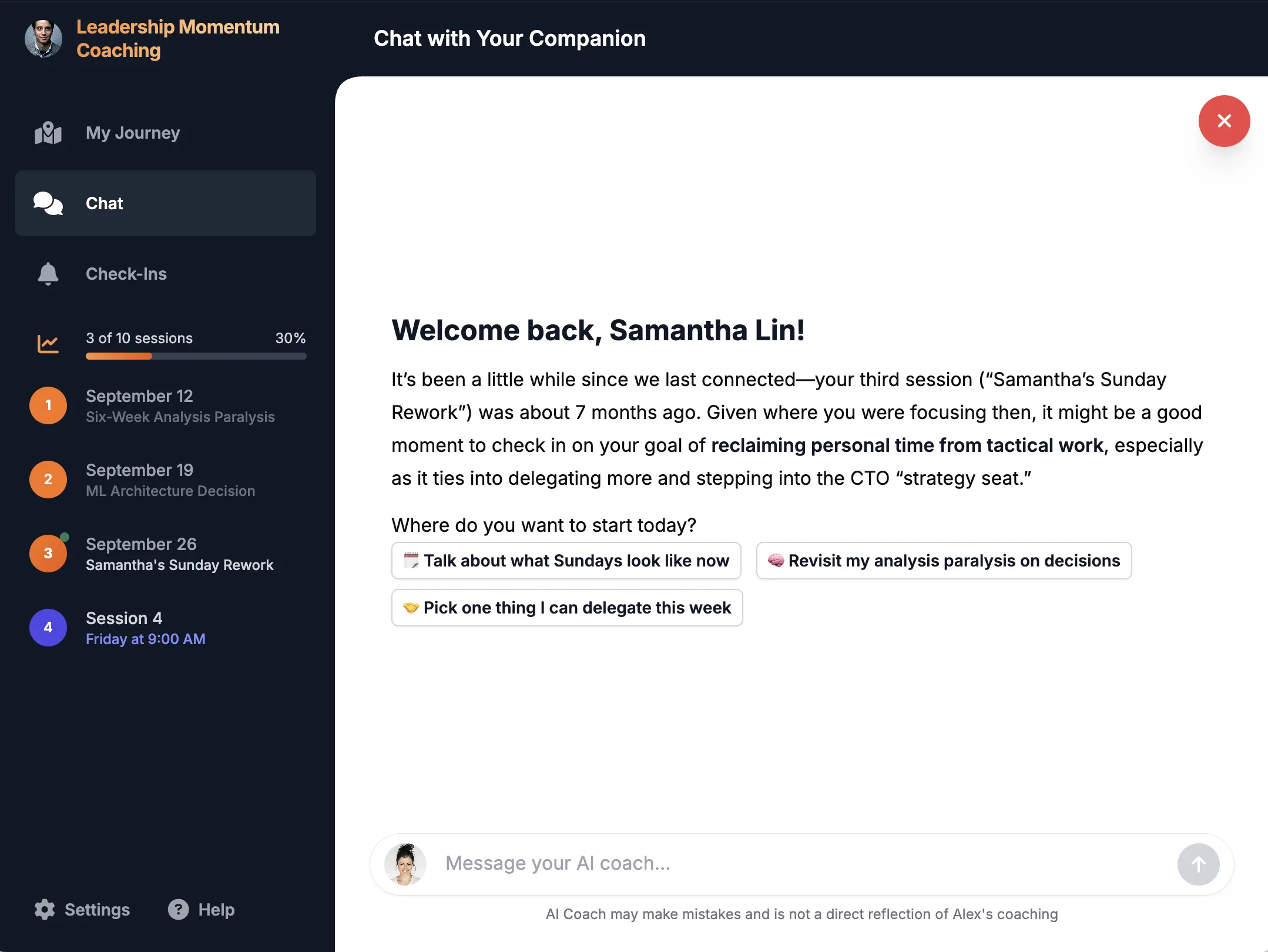 Chat with your Companion — welcome back greeting and suggested reflection topics