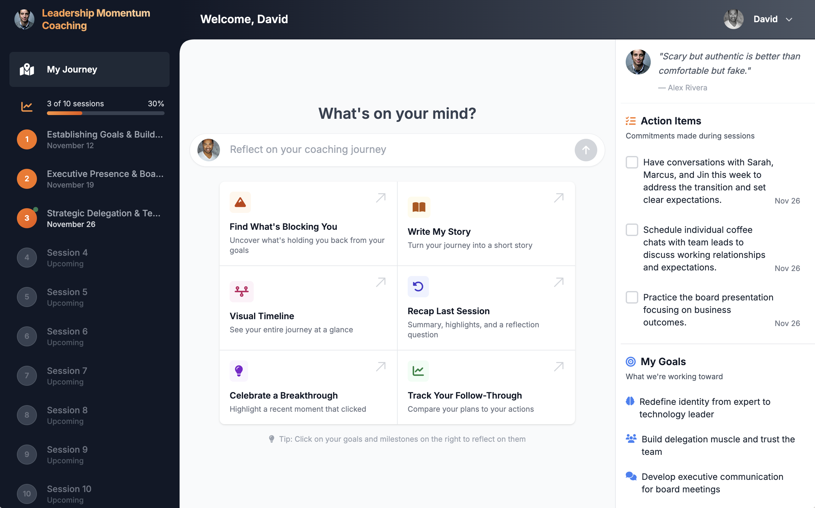Client Portal showing reflection chat and journey insights