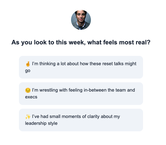 Personalized check-in email with contextual question and AI-generated response options