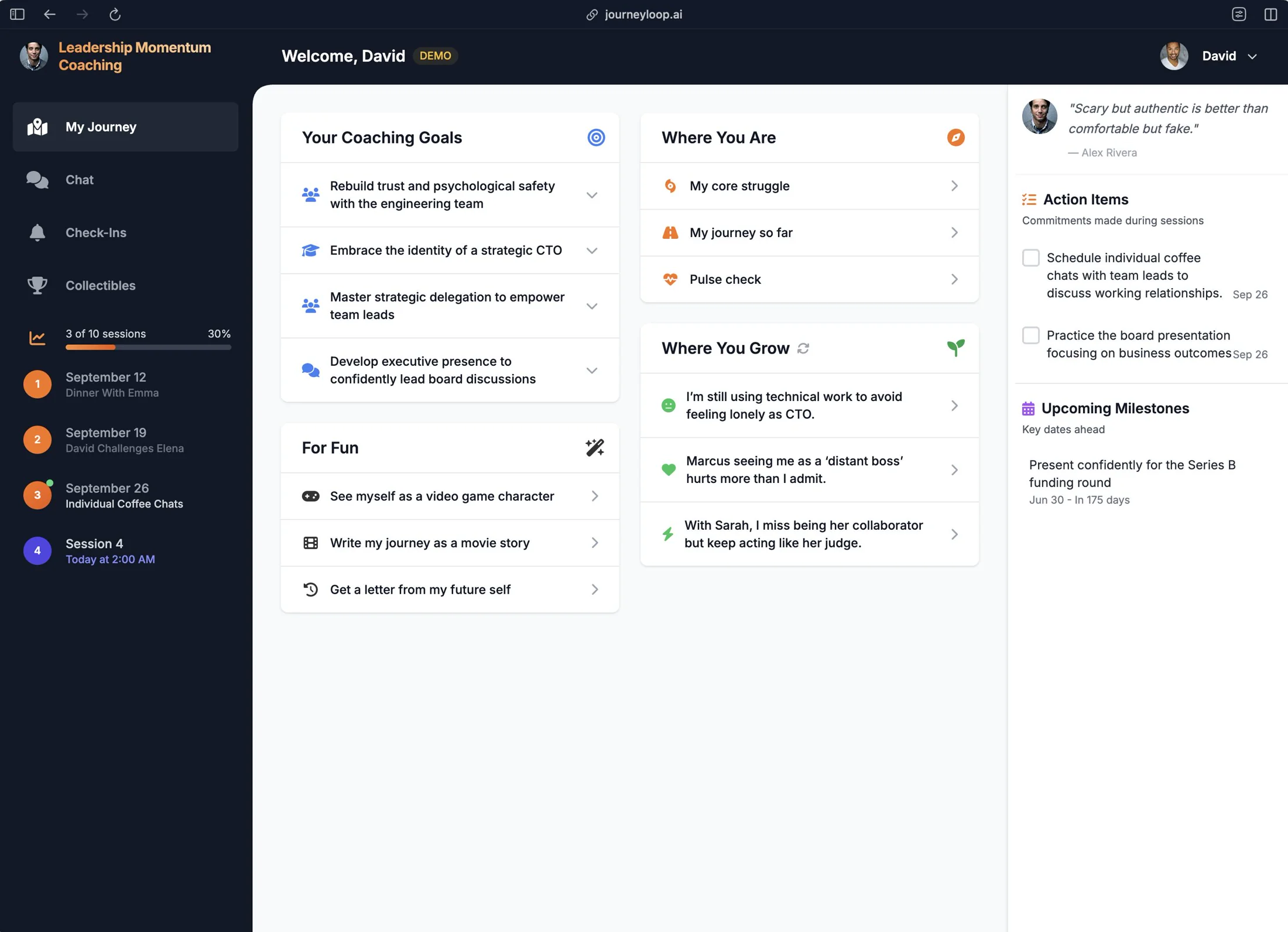 Client portal — coaching goals, progress, action items, upcoming milestones