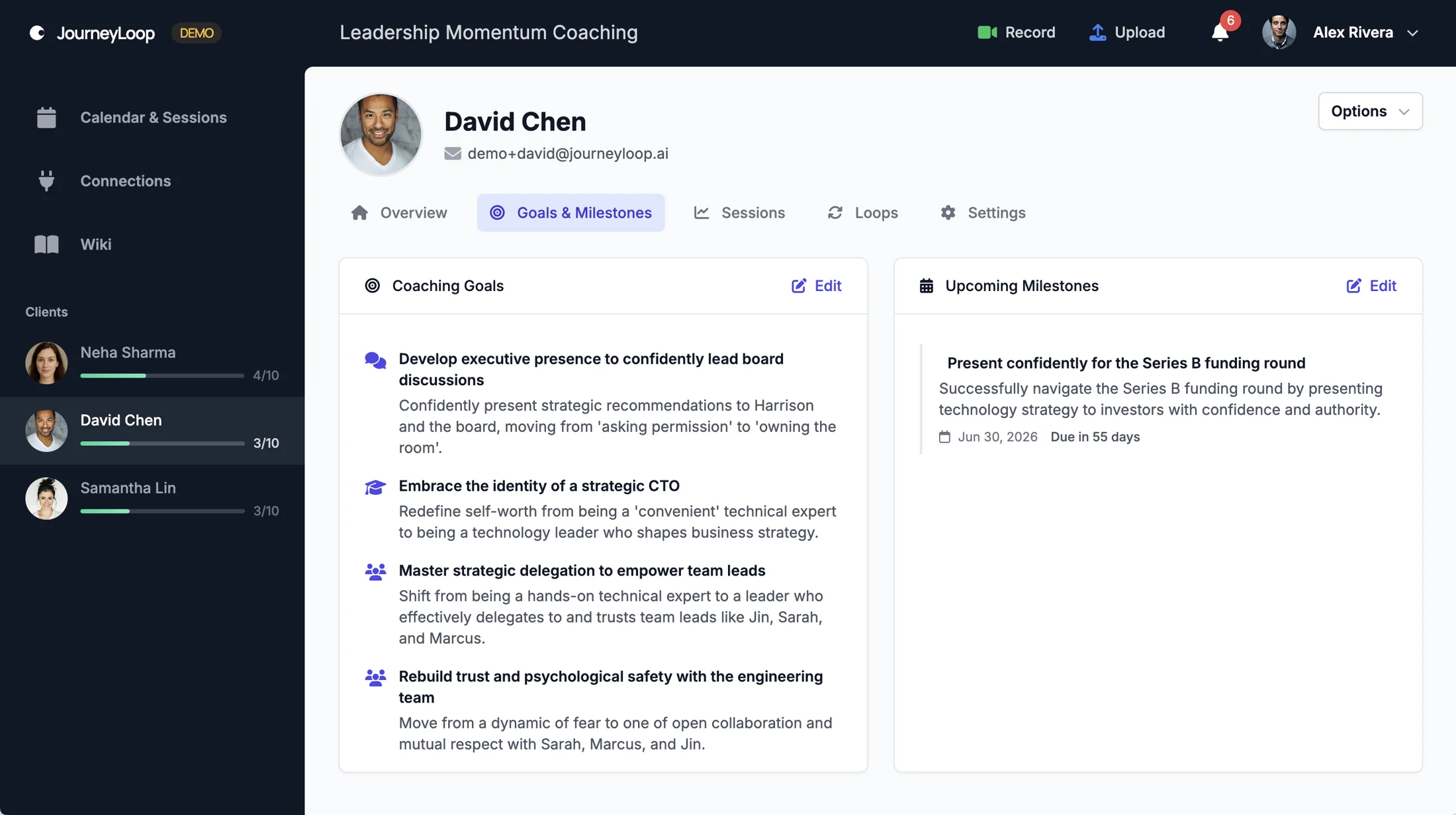 Client profile — relationship view with themes, history, and patterns