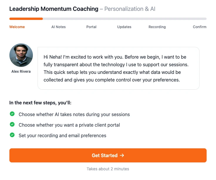 Consent flow step 1 &mdash; coach welcome and a preview of the choices ahead