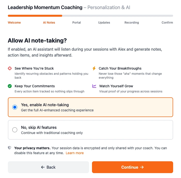 Consent flow step 2 &mdash; allow AI note-taking during sessions