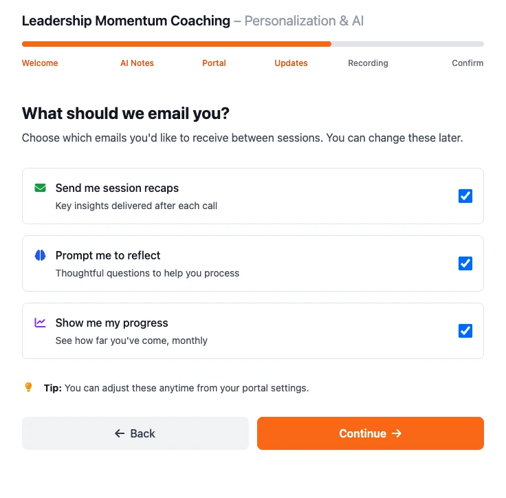 Consent flow step 4 &mdash; pick which between-session emails arrive