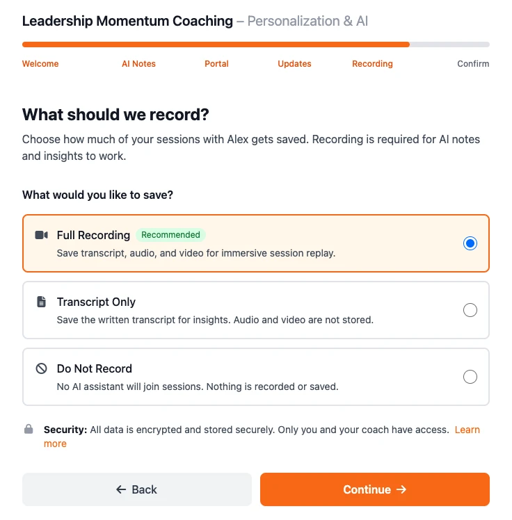 Consent flow step 5 &mdash; choose full recording, transcript only, or none