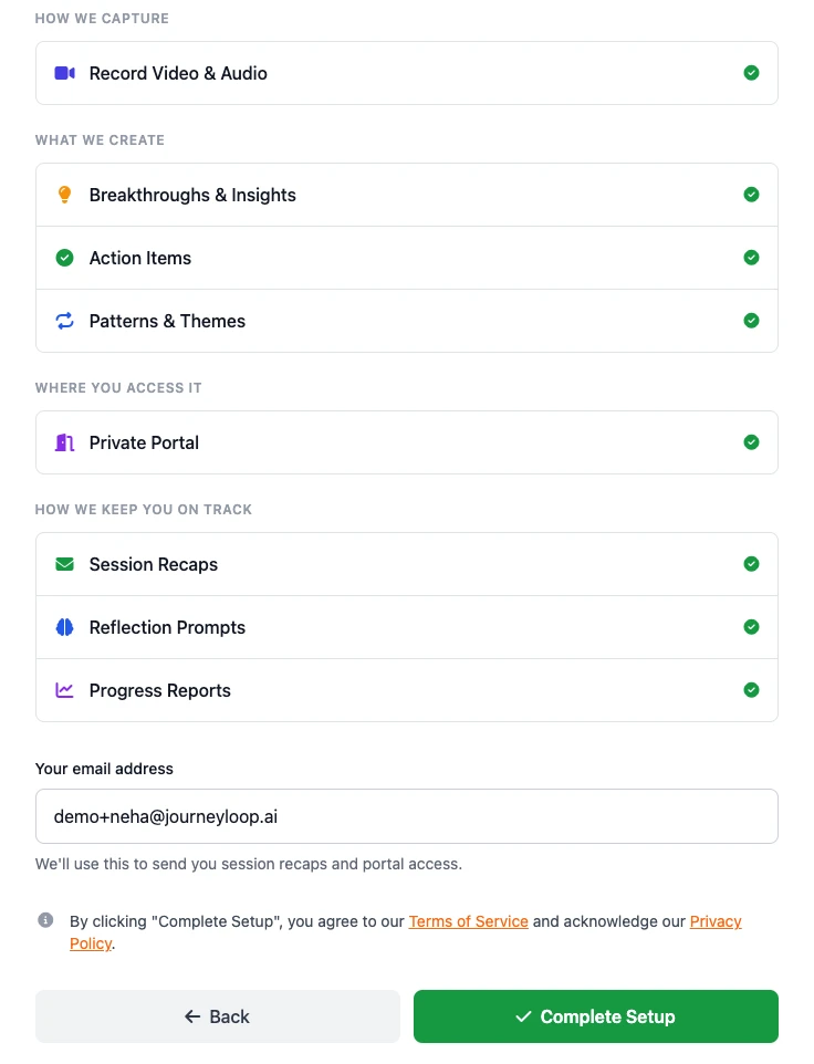 Consent flow step 6 &mdash; review every choice and complete setup