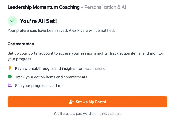 Consent flow step 7 &mdash; you&rsquo;re all set, with a prompt to set up the portal