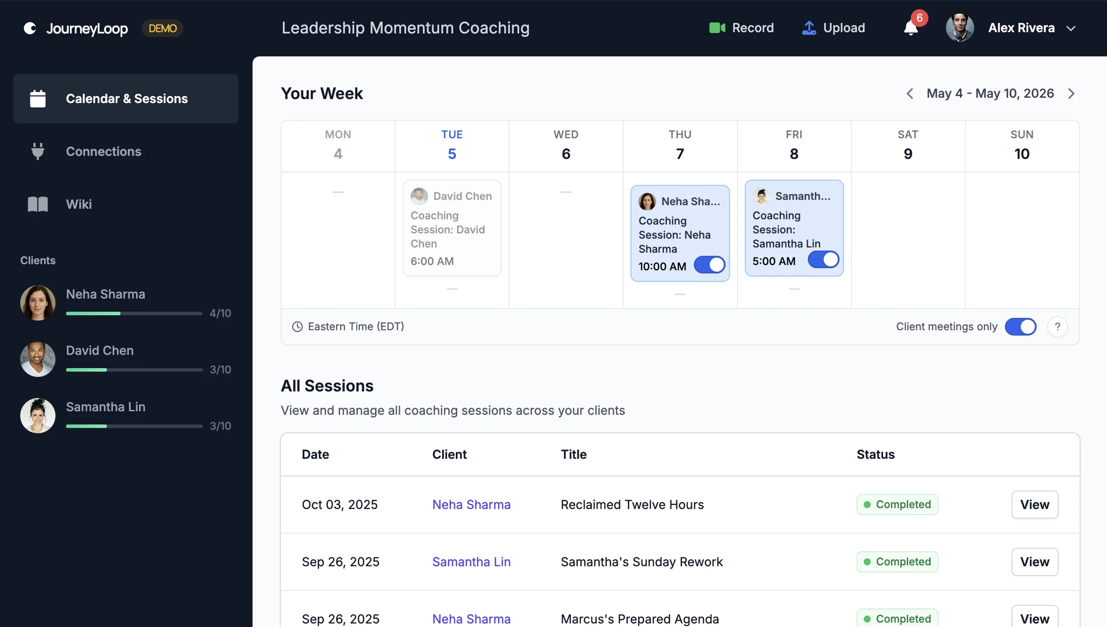 Sessions and calendar — your week and the indexed session table side by side