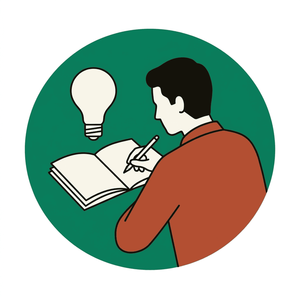 A coach writing in a notebook as a lightbulb appears