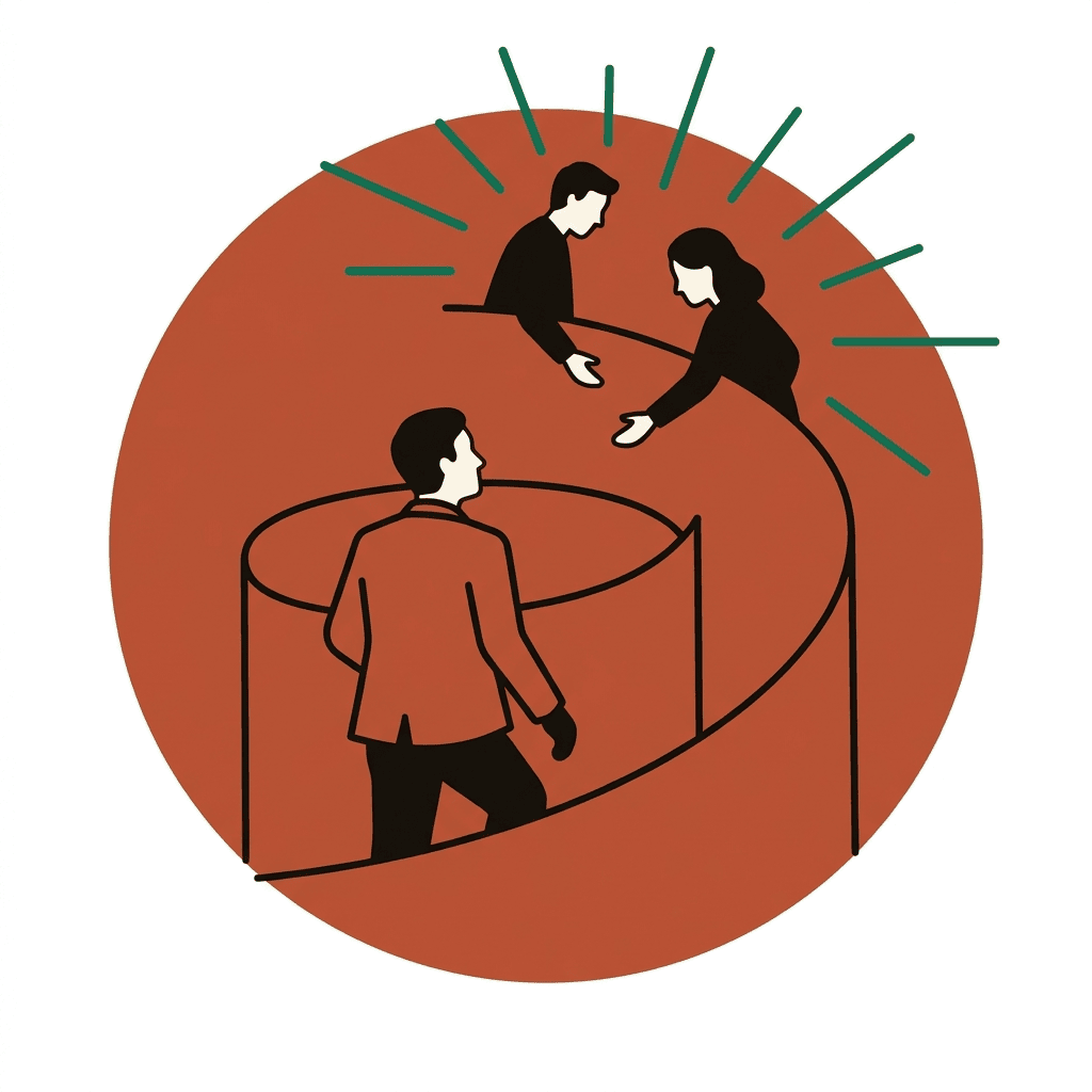 A coach climbing a spiral path as the founders reach down