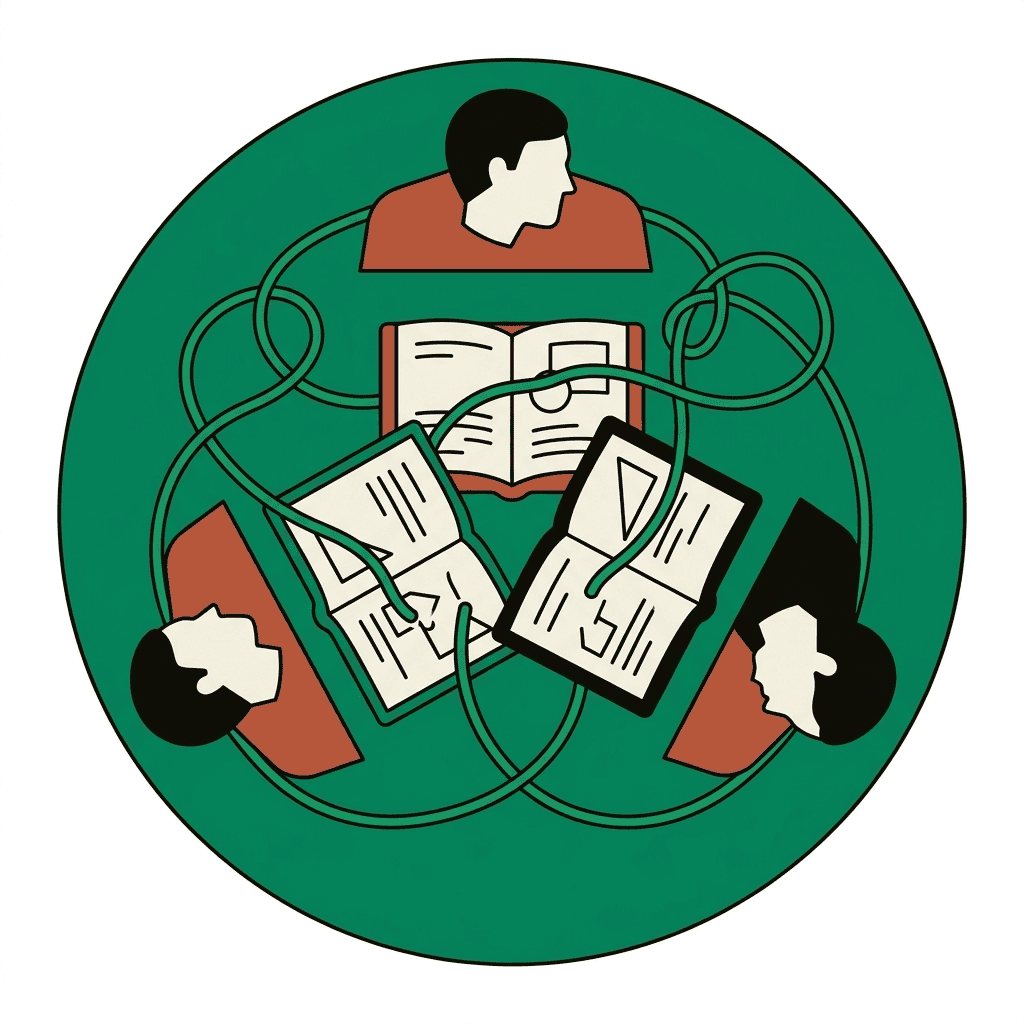 Three coaches around notebooks joined by a looping thread